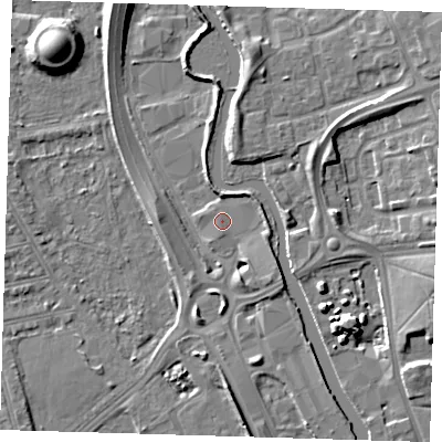 Shaded relief map of the ground around IG118BG, computed from Environment Agency LiDAR. The ground here sits at about 4 m above sea level and falls 11 m across the surrounding 800 m. The ground contributing surface water to this point lies to the north-west.