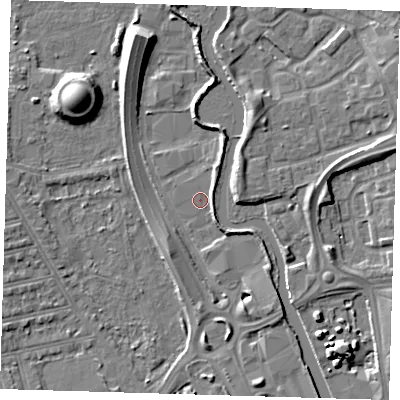 Shaded relief map of the ground around IG118BL, computed from Environment Agency LiDAR. The ground here sits at about 3 m above sea level and falls 11 m across the surrounding 800 m. Surface water reaching this point runs off ground lying to the south-south-east, 4.1 m higher.