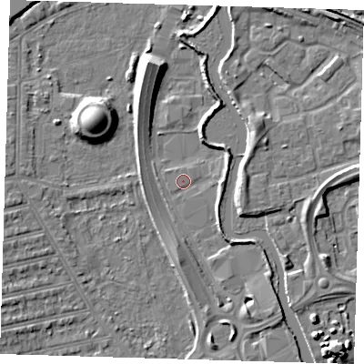 Shaded relief map of the ground around IG118BN, computed from Environment Agency LiDAR. The ground here sits at about 3 m above sea level and falls 11 m across the surrounding 800 m. Surface water reaching this point runs off ground lying to the south-east, 4.1 m higher.