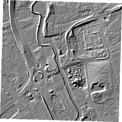 Shaded relief map of the ground around IG118BU, computed from Environment Agency LiDAR. The ground here sits at about 5 m above sea level and falls 12 m across the surrounding 800 m. Surface water reaching this point runs off ground lying to the north-north-west, 3.4 m higher.