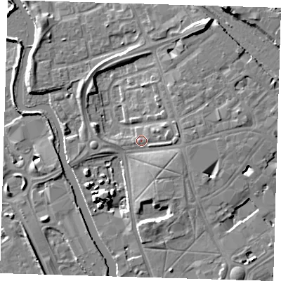 Shaded relief map of the ground around IG118DD, computed from Environment Agency LiDAR. The ground here sits at about 6 m above sea level and falls 11 m across the surrounding 800 m. Surface water reaching this point runs off ground lying to the east, 3.7 m higher.