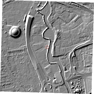Shaded relief map of the ground around IG118DY, computed from Environment Agency LiDAR. The ground here sits at about 4 m above sea level and falls 11 m across the surrounding 800 m. Surface water reaching this point runs off ground lying to the south-east, 2.6 m higher.