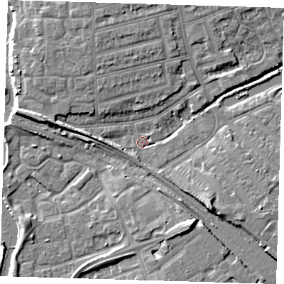 Shaded relief map of the ground around IG118FL, computed from Environment Agency LiDAR. The ground here sits at about 5 m above sea level and falls 9 m across the surrounding 800 m. Surface water reaching this point runs off ground lying to the west-north-west, 6.2 m higher.