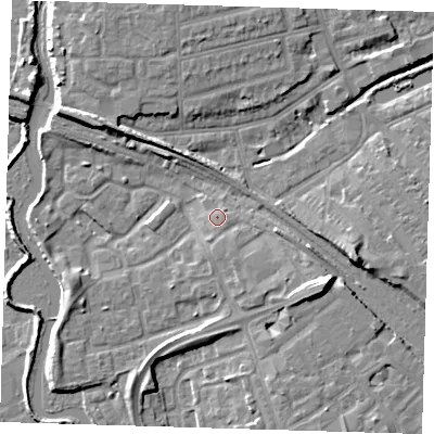 Shaded relief map of the ground around IG118FQ, computed from Environment Agency LiDAR. The ground here sits at about 6 m above sea level and falls 10 m across the surrounding 800 m. Surface water reaching this point runs off ground lying to the south-east, 1.2 m higher.