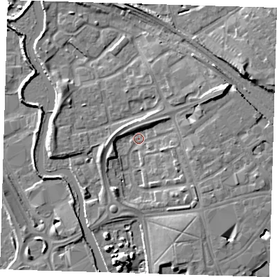 Shaded relief map of the ground around IG118JH, computed from Environment Agency LiDAR. The ground here sits at about 4 m above sea level and falls 11 m across the surrounding 800 m. Surface water reaching this point runs off ground lying to the east-north-east, 9.6 m higher.