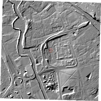 Shaded relief map of the ground around IG118JJ, computed from Environment Agency LiDAR. The ground here sits at about 4 m above sea level and falls 11 m across the surrounding 800 m. Surface water reaching this point runs off ground lying to the west-north-west, 4.6 m higher.