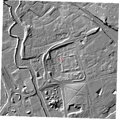 Shaded relief map of the ground around IG118JL, computed from Environment Agency LiDAR. The ground here sits at about 4 m above sea level and falls 11 m across the surrounding 800 m. Surface water reaching this point runs off ground lying to the north-east, 9.6 m higher.