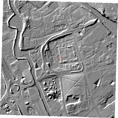 Shaded relief map of the ground around IG118JN, computed from Environment Agency LiDAR. The ground here sits at about 4 m above sea level and falls 11 m across the surrounding 800 m. Surface water reaching this point runs off ground lying to the north-east, 9.6 m higher.
