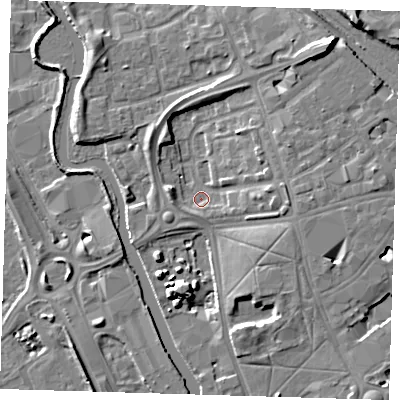 Shaded relief map of the ground around IG118JP, computed from Environment Agency LiDAR. The ground here sits at about 4 m above sea level and falls 11 m across the surrounding 800 m. Surface water reaching this point runs off ground lying to the west-south-west, 2.1 m higher.