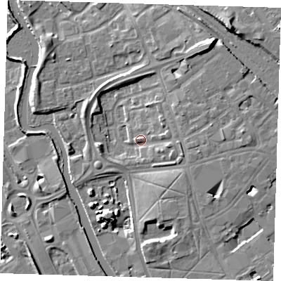 Shaded relief map of the ground around IG118JR, computed from Environment Agency LiDAR. The ground here sits at about 6 m above sea level and falls 11 m across the surrounding 800 m. Surface water reaching this point runs off ground lying to the north-east, 9.6 m higher.