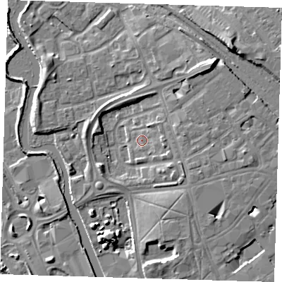 Shaded relief map of the ground around IG118JS, computed from Environment Agency LiDAR. The ground here sits at about 6 m above sea level and falls 11 m across the surrounding 800 m. Surface water reaching this point runs off ground lying to the north-east, 9.6 m higher.