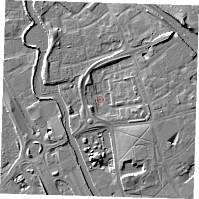 Shaded relief map of the ground around IG118JW, computed from Environment Agency LiDAR. The ground here sits at about 4 m above sea level and falls 11 m across the surrounding 800 m. Surface water reaching this point runs off ground lying to the south-west, 4.0 m higher.