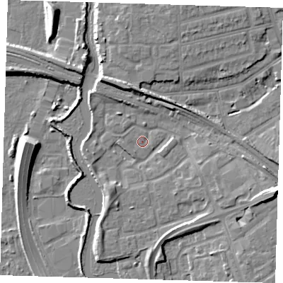 Shaded relief map of the ground around IG118JX, computed from Environment Agency LiDAR. The ground here sits at about 4 m above sea level and falls 11 m across the surrounding 800 m. Surface water reaching this point runs off ground lying to the east-south-east, 9.1 m higher.