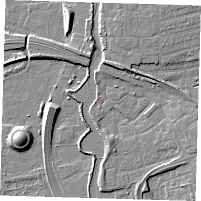 Shaded relief map of the ground around IG118JY, computed from Environment Agency LiDAR. The ground here sits at about 4 m above sea level and falls 11 m across the surrounding 800 m. Surface water reaching this point runs off ground lying to the north-east, 6.8 m higher.