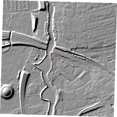 Shaded relief map of the ground around IG118JZ, computed from Environment Agency LiDAR. The ground here sits at about 5 m above sea level and falls 10 m across the surrounding 800 m. Surface water reaching this point runs off ground lying to the north-east, 6.8 m higher.