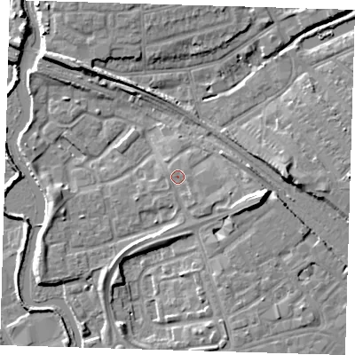 Shaded relief map of the ground around IG118LA, computed from Environment Agency LiDAR. The ground here sits at about 7 m above sea level and falls 10 m across the surrounding 800 m. Surface water reaching this point runs off ground lying to the east, 0.9 m higher.