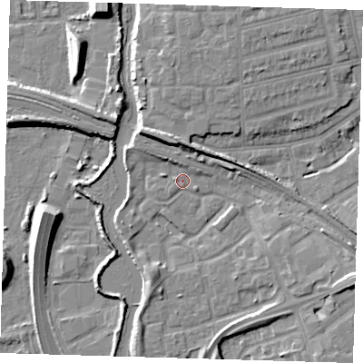 Shaded relief map of the ground around IG118LB, computed from Environment Agency LiDAR. The ground here sits at about 4 m above sea level and falls 10 m across the surrounding 800 m. Surface water reaching this point runs off ground lying to the east-south-east, 8.2 m higher.