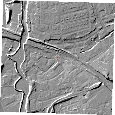 Shaded relief map of the ground around IG118LD, computed from Environment Agency LiDAR. The ground here sits at about 4 m above sea level and falls 11 m across the surrounding 800 m. Surface water reaching this point runs off ground lying to the east-south-east, 9.4 m higher.