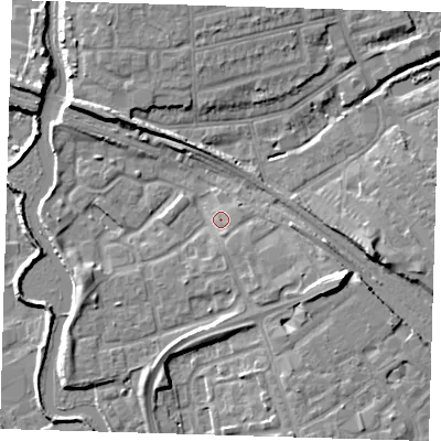 Shaded relief map of the ground around IG118LE, computed from Environment Agency LiDAR. The ground here sits at about 6 m above sea level and falls 11 m across the surrounding 800 m. Surface water reaching this point runs off ground lying to the south-east, 2.2 m higher.