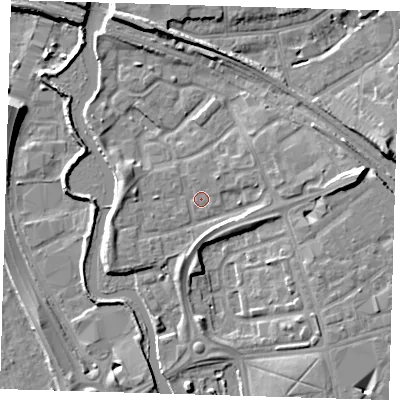 Shaded relief map of the ground around IG118LF, computed from Environment Agency LiDAR. The ground here sits at about 5 m above sea level and falls 11 m across the surrounding 800 m. Surface water reaching this point runs off ground lying to the east, 4.1 m higher.