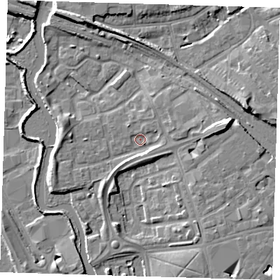 Shaded relief map of the ground around IG118LG, computed from Environment Agency LiDAR. The ground here sits at about 5 m above sea level and falls 11 m across the surrounding 800 m. Surface water reaching this point runs off ground lying to the east, 4.1 m higher.