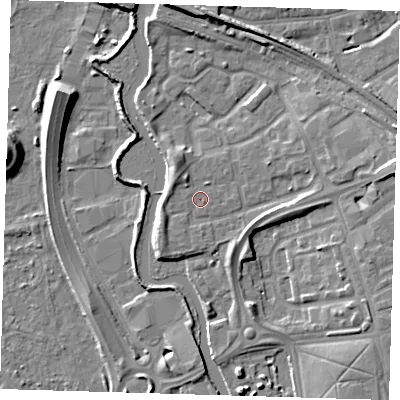 Shaded relief map of the ground around IG118LH, computed from Environment Agency LiDAR. The ground here sits at about 5 m above sea level and falls 10 m across the surrounding 800 m. Surface water reaching this point runs off ground lying to the south-east, 0.6 m higher.
