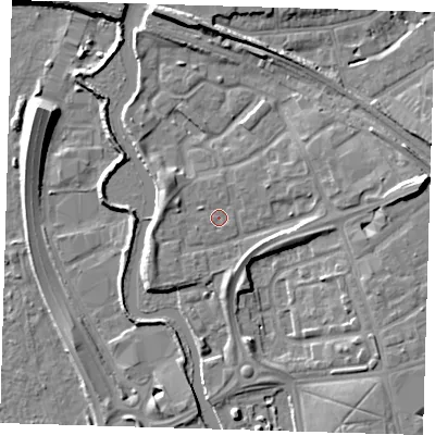 Shaded relief map of the ground around IG118LJ, computed from Environment Agency LiDAR. The ground here sits at about 5 m above sea level and falls 11 m across the surrounding 800 m. Surface water reaching this point runs off ground lying to the west-north-west, 1.9 m higher.