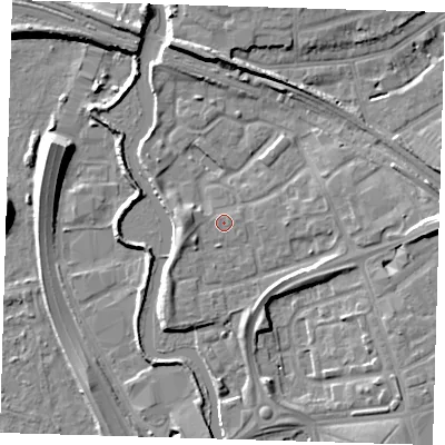Shaded relief map of the ground around IG118LL, computed from Environment Agency LiDAR. The ground here sits at about 5 m above sea level and falls 11 m across the surrounding 800 m. Surface water reaching this point runs off ground lying to the east, 4.5 m higher.