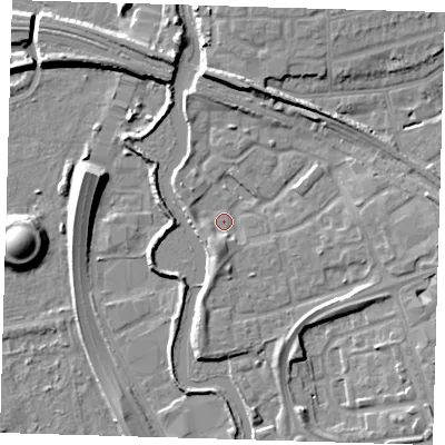 Shaded relief map of the ground around IG118LP, computed from Environment Agency LiDAR. The ground here sits at about 5 m above sea level and falls 10 m across the surrounding 800 m. Surface water reaching this point runs off ground lying to the east-south-east, 5.2 m higher.