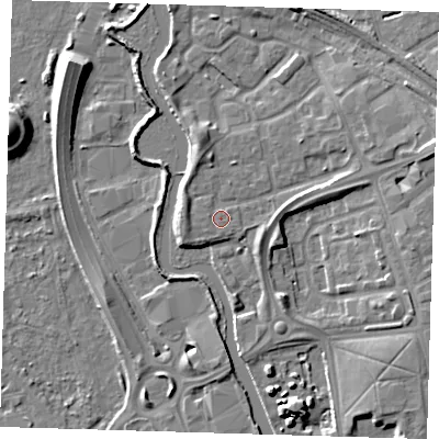 Shaded relief map of the ground around IG118LQ, computed from Environment Agency LiDAR. The ground here sits at about 6 m above sea level and falls 10 m across the surrounding 800 m. Surface water reaching this point runs off ground lying to the west-south-west, 1.6 m higher.