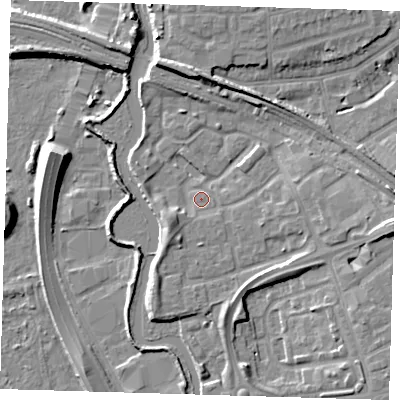 Shaded relief map of the ground around IG118LU, computed from Environment Agency LiDAR. The ground here sits at about 5 m above sea level and falls 10 m across the surrounding 800 m. Surface water reaching this point runs off ground lying to the east, 7.9 m higher.