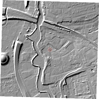 Shaded relief map of the ground around IG118LY, computed from Environment Agency LiDAR. The ground here sits at about 4 m above sea level and falls 10 m across the surrounding 800 m. Surface water reaching this point runs off ground lying to the east-south-east, 5.6 m higher.
