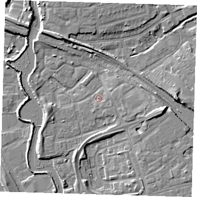 Shaded relief map of the ground around IG118LZ, computed from Environment Agency LiDAR. The ground here sits at about 6 m above sea level and falls 11 m across the surrounding 800 m. Surface water reaching this point runs off ground lying to the east-south-east, 1.6 m higher.