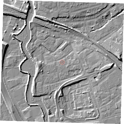Shaded relief map of the ground around IG118NA, computed from Environment Agency LiDAR. The ground here sits at about 5 m above sea level and falls 11 m across the surrounding 800 m. Surface water reaching this point runs off ground lying to the east, 2.0 m higher.