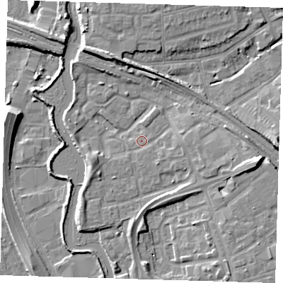 Shaded relief map of the ground around IG118NB, computed from Environment Agency LiDAR. The ground here sits at about 5 m above sea level and falls 11 m across the surrounding 800 m. Surface water reaching this point runs off ground lying to the east-south-east, 4.7 m higher.