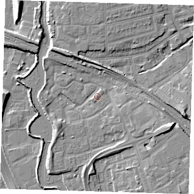 Shaded relief map of the ground around IG118ND, computed from Environment Agency LiDAR. The ground here sits at about 6 m above sea level and falls 11 m across the surrounding 800 m. Surface water reaching this point runs off ground lying to the east-south-east, 8.8 m higher.
