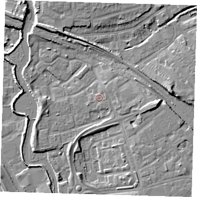 Shaded relief map of the ground around IG118NE, computed from Environment Agency LiDAR. The ground here sits at about 6 m above sea level and falls 11 m across the surrounding 800 m. Surface water reaching this point runs off ground lying to the east-north-east, 1.0 m higher.