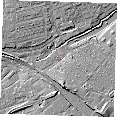 Shaded relief map of the ground around IG118PQ, computed from Environment Agency LiDAR. The ground here sits at about 5 m above sea level and falls 9 m across the surrounding 800 m. Surface water reaching this point runs off ground lying to the south, 6.2 m higher.