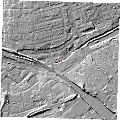 Shaded relief map of the ground around IG118PU, computed from Environment Agency LiDAR. The ground here sits at about 5 m above sea level and falls 9 m across the surrounding 800 m. Surface water reaching this point runs off ground lying to the west, 6.2 m higher.