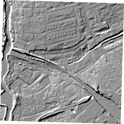 Shaded relief map of the ground around IG118PX, computed from Environment Agency LiDAR. The ground here sits at about 5 m above sea level and falls 10 m across the surrounding 800 m. Surface water reaching this point runs off ground lying to the south-east, 7.5 m higher.