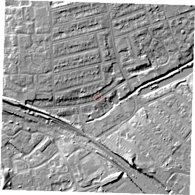 Shaded relief map of the ground around IG118PY, computed from Environment Agency LiDAR. The ground here sits at about 6 m above sea level and falls 9 m across the surrounding 800 m. Surface water reaching this point runs off ground lying to the north, 4.7 m higher.