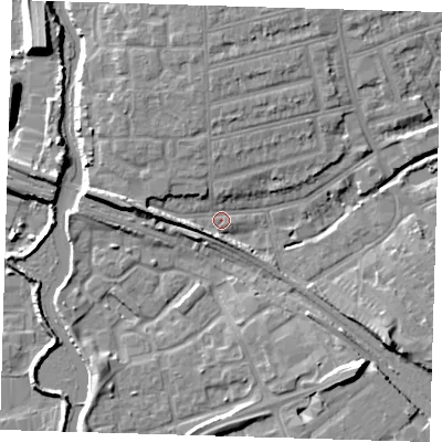 Shaded relief map of the ground around IG118PZ, computed from Environment Agency LiDAR. The ground here sits at about 5 m above sea level and falls 11 m across the surrounding 800 m. Surface water reaching this point runs off ground lying to the west, 5.0 m higher.