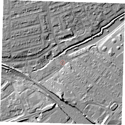 Shaded relief map of the ground around IG118QA, computed from Environment Agency LiDAR. The ground here sits at about 5 m above sea level and falls 9 m across the surrounding 800 m. Surface water reaching this point runs off ground lying to the south, 6.4 m higher.