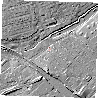 Shaded relief map of the ground around IG118QF, computed from Environment Agency LiDAR. The ground here sits at about 6 m above sea level and falls 9 m across the surrounding 800 m. Surface water reaching this point runs off ground lying to the south-south-east, 6.6 m higher.