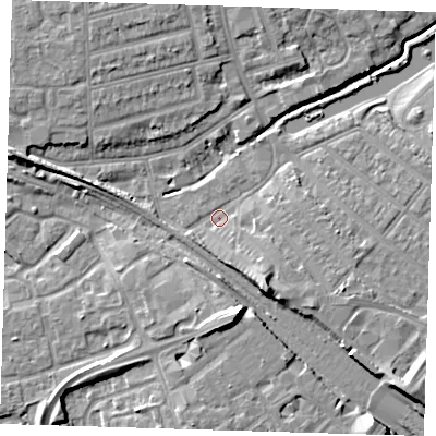Shaded relief map of the ground around IG118QJ, computed from Environment Agency LiDAR. The ground here sits at about 5 m above sea level and falls 9 m across the surrounding 800 m. Surface water reaching this point runs off ground lying to the south-south-east, 6.1 m higher.