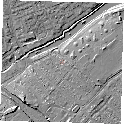 Shaded relief map of the ground around IG118QX, computed from Environment Agency LiDAR. The ground here sits at about 6 m above sea level and falls 9 m across the surrounding 800 m. Surface water reaching this point runs off ground lying to the east-south-east, 2.2 m higher.