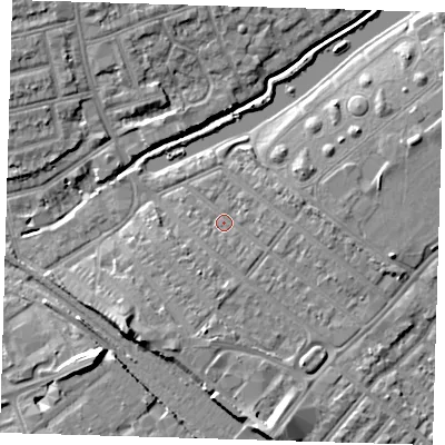 Shaded relief map of the ground around IG118QZ, computed from Environment Agency LiDAR. The ground here sits at about 6 m above sea level and falls 9 m across the surrounding 800 m. Surface water reaching this point runs off ground lying to the south-south-east, 5.7 m higher.