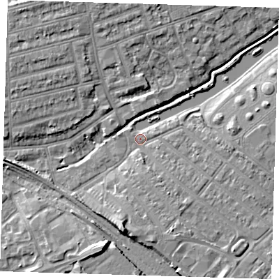 Shaded relief map of the ground around IG118RH, computed from Environment Agency LiDAR. The ground here sits at about 5 m above sea level and falls 9 m across the surrounding 800 m. Surface water reaching this point runs off ground lying to the south-south-east, 4.8 m higher.
