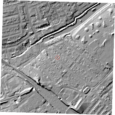 Shaded relief map of the ground around IG118RQ, computed from Environment Agency LiDAR. The ground here sits at about 7 m above sea level and falls 9 m across the surrounding 800 m. Surface water reaching this point runs off ground lying to the south, 2.2 m higher.