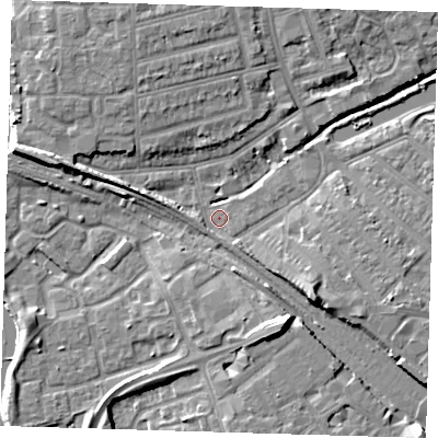 Shaded relief map of the ground around IG118SD, computed from Environment Agency LiDAR. The ground here sits at about 5 m above sea level and falls 9 m across the surrounding 800 m. Surface water reaching this point runs off ground lying to the east-south-east, 0.7 m higher.
